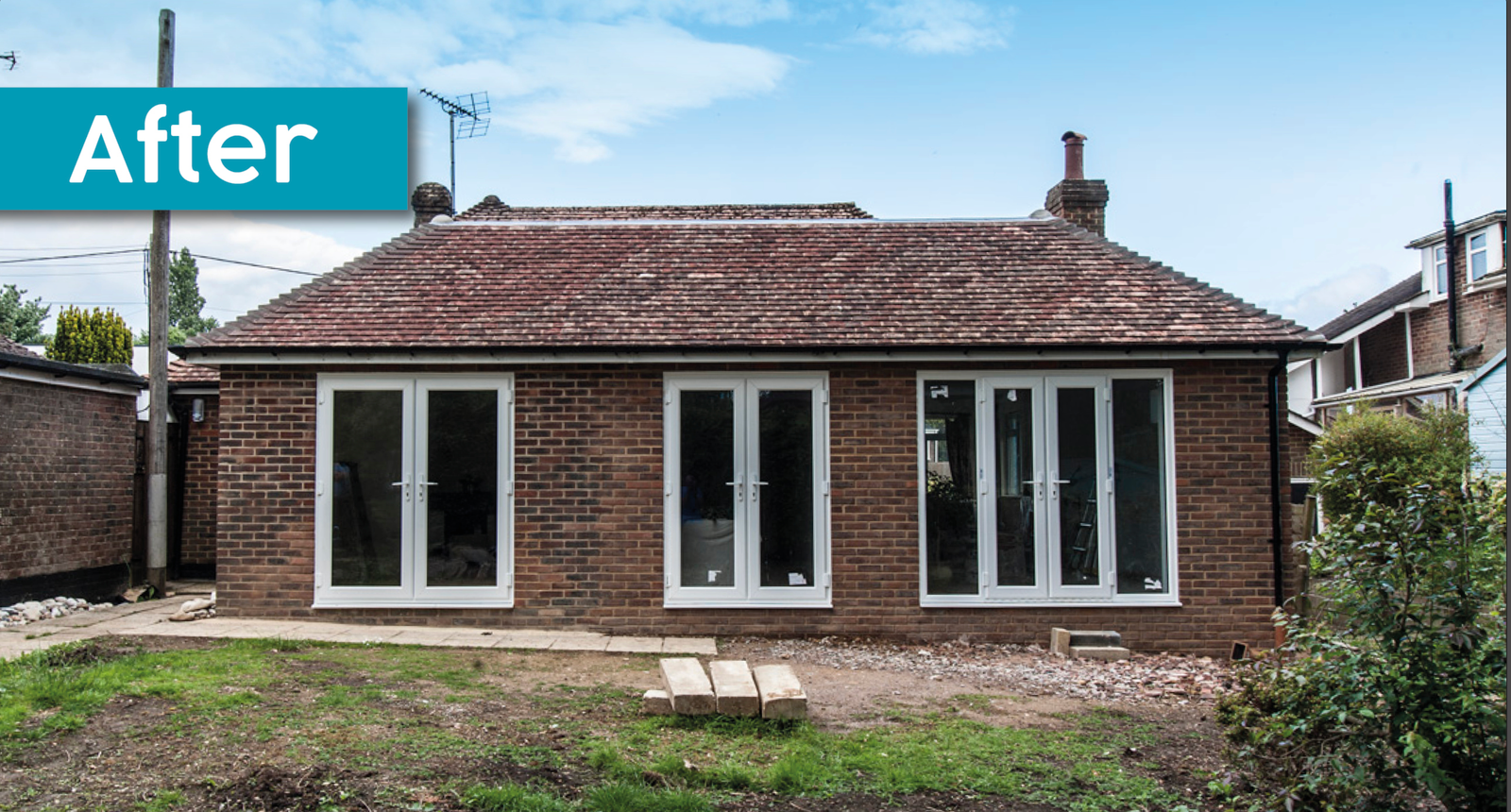 After: completed rear brick extension with large uPVC French doors by JT Builds and Specialised Carpentry in Pulborough, West Sussex